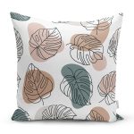 - 7480 - Realhomes Beyaz Zeminli Onedraw Çizimli Yaprak Motifli Dijital Baskılı Modern Kırlent Kılıfı Realhomes