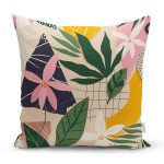 - 7495 - Realhomes Renkli Zeminli Yaprak Desenli Onedraw Çizim Dijital Baskılı Modern Kırlent Kılıfı Realhomes