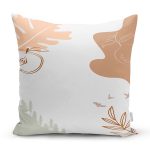 - 7509 - Realhomes Beyaz Zeminli Onedraw Çizimli Yaprak Motifli Dijital Baskılı Modern Kırlent Kılıfı Realhomes