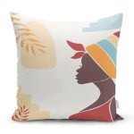 - 7512 - Realhomes Renkli Zeminli Afrika Kadın Temalı Onedraw Çizim Modern Yastık Kırlent Kılıfı Realhomes