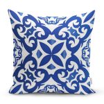 - 7526 - Realhomes Beyaz Zeminli Çini Desenli Dijital Baskılı Modern Yastık Kırlent Kılıfı Realhomes