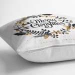 Beyaz Zeminli Merry Christmas Yazılı Dijital Baskılı Modern Yastık Kırlent Kılıfı Realhomes