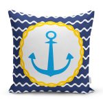 Lacivert Zemin Üzerinde Çapa Çizimli Dijital Baskılı Modern Yastık Kırlent Kılıfı Realhomes