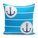 - 7599 - Realhomes Mavi Zemin Üzerinde Çapa Desenli Dijital Baskılı Modern Yastık Kırlent Kılıfı Realhomes