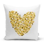 Beyaz Zemin Üzerinde Gold Detaylı Kalp Çizimli Modern Yastık Kırlent Kılıfı Realhomes