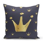 Siyaz Zemin Üzerinde Gold Detaylı Taç Desenli Dijital Baskılı Modern Yastık Kılıfı Realhomes