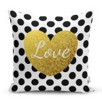 - 7695 - Realhomes Beyaz Zemin Üzerinde Puantiyeli Gold Detaylı Love Yazılı Yastık Kırlent Kılıfı Realhomes