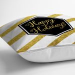 - 7701 - Realhomes Beyaz Zemin Üzerinde Gold Detaylı Happy Holidays Yazılı Yastık Kırlent Kılıfı Realhomes