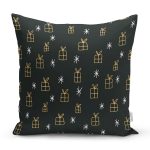Siyah Zemin Üzerinde Gold Detaylı Hediye Paketi Çizimli Yastık Kırlent Kılıfı Realhomes