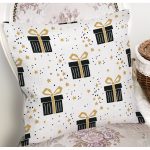 Beyaz Zemin Üzerinde Gold Detaylı Hediye Paketi Desenli Yastık Kırlent Kılıfı Realhomes