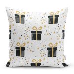 Beyaz Zemin Üzerinde Gold Detaylı Hediye Paketi Desenli Yastık Kırlent Kılıfı Realhomes