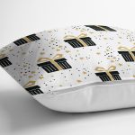 Beyaz Zemin Üzerinde Gold Detaylı Hediye Paketi Desenli Yastık Kırlent Kılıfı Realhomes