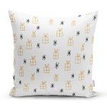 - 7721 - Realhomes Beyaz Zemin Üzerinde Gold Renkli Hediye Paketi Desenli Yastık Kırlent Kılıfı Realhomes