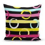 - 7797 - Realhomes Siyah Zemin Üzerinde Modern Çizgili Renkli Puantiyeli Yastık Kırlent Kılıfı Realhomes