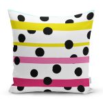 - 7805 - Realhomes Beyaz Zemin Üzerinde Modern Renkli Çizgili Siyah Puantiyeli Yastık Kırlent Kılıfı Realhomes