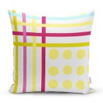 - 7808 - Realhomes Beyaz Zemin Üzerinde Modern Renkli Çizgili Sarı Puantiyeli Yastık Kırlent Kılıfı Realhomes
