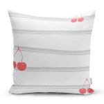 Beyaz Zemin Üzerinde Gri Modern Çizgili Kiraz Desenli Yastık Kırlent Kılıfı Realhomes