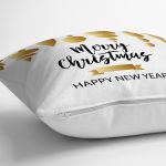 Beyaz Zemin Üzerinde Gold Detaylı Merry Christmas Yazılı Yastık Kırlent Kılıfı Realhomes