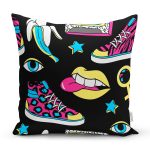 - 7845 - Realhomes Siyah Zeminli Renkli Ayakkabı Desenli Dijital Baskılı Modern Yastık Kırlent Kılıfı Realhomes