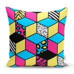 - 7849 - Realhomes Renkli Zemin Üzerinde Modern Geometrik Küp Desenli Modern Yastık Kırlent Kılıfı Realhomes