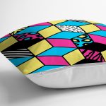 - 7849 - Realhomes Renkli Zemin Üzerinde Modern Geometrik Küp Desenli Modern Yastık Kırlent Kılıfı Realhomes