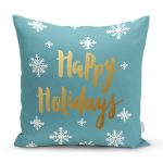 - 7861 - Realhomes Renkli Zeminli Beyaz Kartanesi Desenli Gold Renkli Happy Holidays Yastık Kılıfı Realhomes