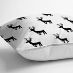 - 7867 - Realhomes Beyaz Zeminli Siyah Geyik Desenli Dijital Baskılı Modern Yastık Kırlent Kılıfı Realhomes