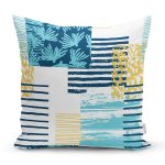 - 7916 - Realhomes Beyaz Zemin Üzerinde Renkli Modern Çizgili Yaprak Motifli Yastık Kırlent Kılıfı Realhomes