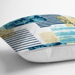 - 7916 - Realhomes Beyaz Zemin Üzerinde Renkli Modern Çizgili Yaprak Motifli Yastık Kırlent Kılıfı Realhomes