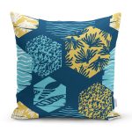 - 7918 - Realhomes Renkli Zemin Üzerinde Geometrik Desenli Yaprak Motifli Yastık Kırlent Kılıfı Realhomes