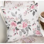 Pembe Beyaz Gül Gri Yapraklar Desenli Dijital Baskılı Modern Yastık Kırlent Kılıfı Realhomes