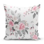 Pembe Beyaz Gül Gri Yapraklar Desenli Dijital Baskılı Modern Yastık Kırlent Kılıfı Realhomes