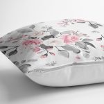 Pembe Beyaz Gül Gri Yapraklar Desenli Dijital Baskılı Modern Yastık Kırlent Kılıfı Realhomes
