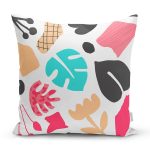 Beyaz Zeminli Renkli Yaprak Desenli Dijital Baskılı Modern Yastık Kırlent Kılıfı Realhomes