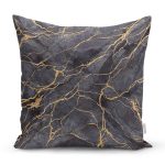 - 8145 - Realhomes  Siyah Zemin Üzerinde Gold Detaylı Mermer Desenli Modern Yastık Kırlent Kılıfı Realhomes