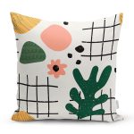 - 8157 - Realhomes Beyaz Zemin Üzerinde Yaprak Desenli Dijital Baskılı Modern Yastık Kırlent Kılıfı Realhomes