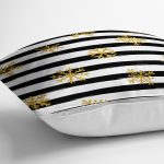 Beyaz Zemin Üzerinde Siyah Çizgili Gold Detaylı Kartanesi Yastık Kırlent Kılıfı Realhomes