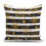 - 8209 - Realhomes Beyaz Zemin Üzerinde Siyah Dekoratif Çizgili Gold Desenli Kartanesi Kırlent Kılıfı Realhomes