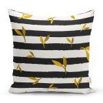 Beyaz Zemin Üzerinde Siyah Çizgili Gold Detay Yapraklı Yastık Kırlent Kılıfı Realhomes