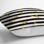 Beyaz Zemin Üzerinde Siyah Çizgili Gold Detay Yapraklı Yastık Kırlent Kılıfı Realhomes