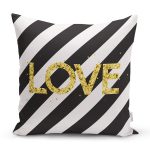- 8212 - Realhomes Beyaz Zemin Üzerinde Siyah Yatay Çizgili Gold Renkli Love Yazılı Kırlent Kılıfı Realhomes