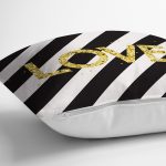 - 8212 - Realhomes Beyaz Zemin Üzerinde Siyah Yatay Çizgili Gold Renkli Love Yazılı Kırlent Kılıfı Realhomes