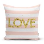 Beyaz Zemin Üzerinde Renkli Çizgili Gold Detaylı Love Yazılı Yastık Kırlent Kılıfı Realhomes