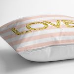 Beyaz Zemin Üzerinde Renkli Çizgili Gold Detaylı Love Yazılı Yastık Kırlent Kılıfı Realhomes