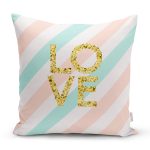 - 8219 - Realhomes  Beyaz Zemin Üzerinde Gold Detaylı Love Yazılı Dijital Baskılı Modern Yastık Kılıfı Realhomes