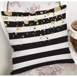 Beyaz Zemin Üzerinde Siyah Çizgili Gold Detaylı Modern Yastık Kırlent Kılıfı Realhomes