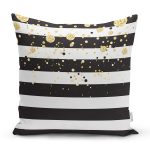 Beyaz Zemin Üzerinde Siyah Çizgili Gold Detaylı Modern Yastık Kırlent Kılıfı Realhomes