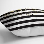 Beyaz Zemin Üzerinde Siyah Çizgili Gold Detaylı Modern Yastık Kırlent Kılıfı Realhomes