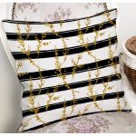 - 8227 - Realhomes  Beyaz Zemin Üzerinde Siyah Çizgili Gold Detaylı Yaprak Desenli Kırlent Kılıfı Realhomes