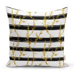 - 8227 - Realhomes  Beyaz Zemin Üzerinde Siyah Çizgili Gold Detaylı Yaprak Desenli Kırlent Kılıfı Realhomes